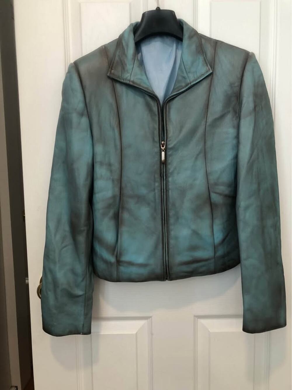 VTG Lafayette 148 Distressed Turquoise Leather Moto Jacket